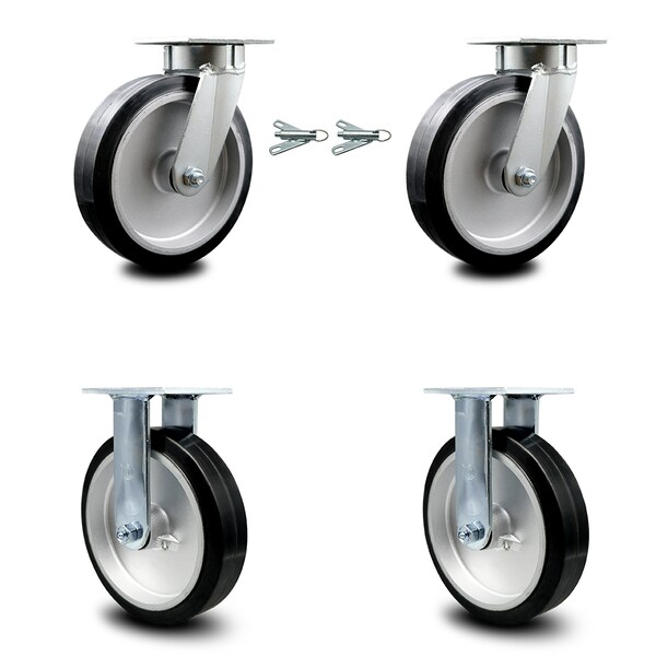 8 Inch Kingpinless Rubber on Aluminum Wheel Caster Swivel Locks 2 Rigid, 2PK